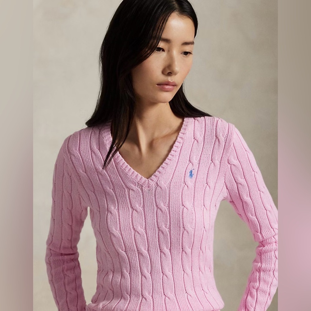 Ralph Lauren Light Pink V-Neck Cable Sweater. SMALL. Price is negotiable :)